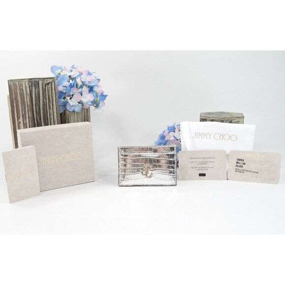 Jimmy Choo Umika Silver Croc Leather Card Case Holder Wallet NWT - Picture 2 of 7